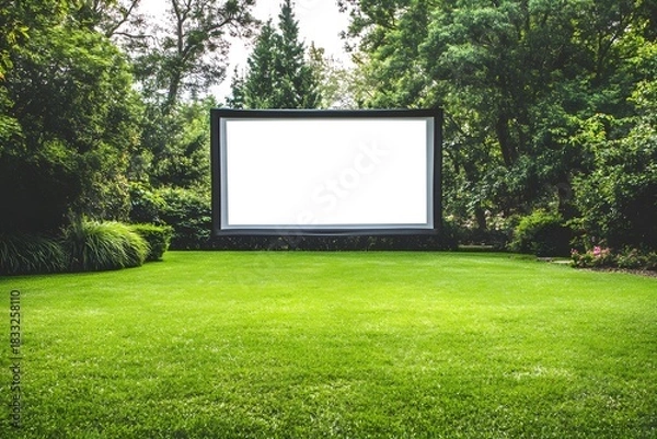 Fototapeta Large outdoor projection screen displays blank white space framed by lush green foliage and manicured lawn