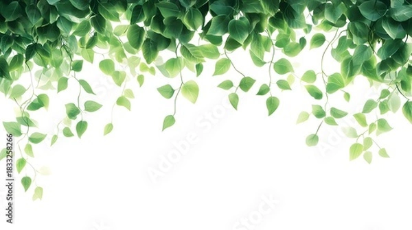 Fototapeta Lush green foliage hangs down across the top edge against a bright white background
