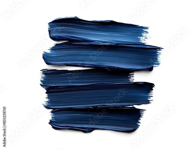 Fototapeta Five thick horizontal strokes of deep indigo paint are applied across a stark white background