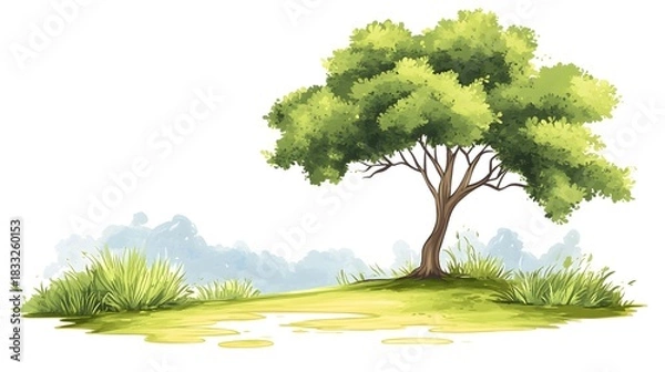 Fototapeta Lush green tree stands alone on a grassy mound with foliage and water puddles