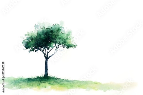 Fototapeta Solitary deciduous tree rendered in vibrant watercolor on a bright white background