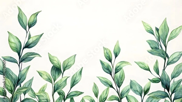 Fototapeta Watercolor illustration of lush green foliage border framing a central empty space
