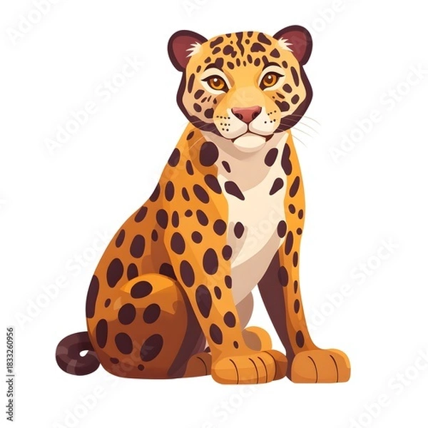 Fototapeta Cartoon illustration depicts a spotted wild feline creature sitting and looking forward