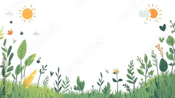 Fototapeta Bright daylight illuminates lush green foliage growing along the bottom edges of a white background space
