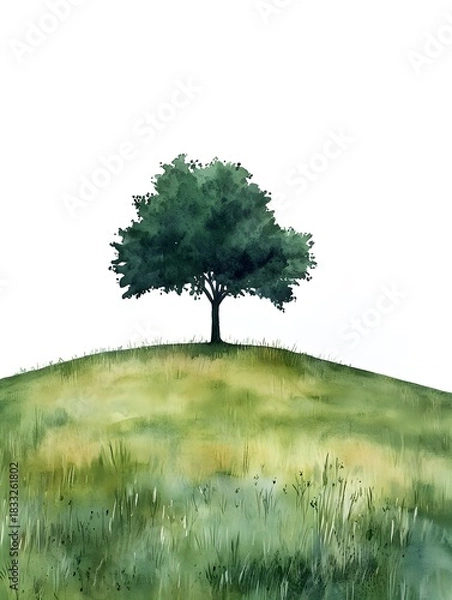 Fototapeta Single deciduous tree crowns a rolling grassy hill under a bright sky