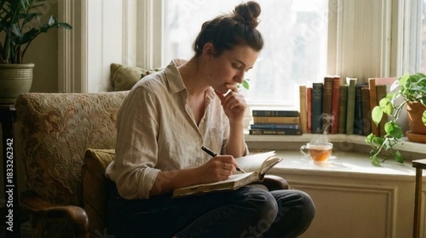 Fototapeta Young woman journaling on cozy armchair by bright window with books and tea practicing mindful self reflection at home