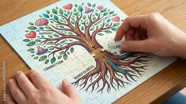 Fototapeta Hands assembling wellness puzzle with colorful tree illustration and words about support balance mindfulness connection and care