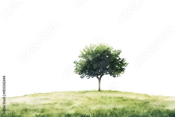 Fototapeta Watercolor illustration depicts a solitary green tree atop a grassy mound against a white backdrop