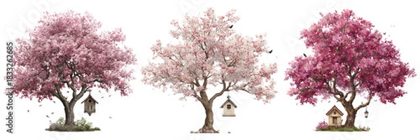 Obraz Set of A beautiful pink cherry blossom tree in full bloom on transparent png background. Ai generated