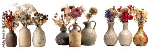 Obraz Set of A handmade rustic vase with natural imperfections and fine crackle glazing on transparent png background. Ai generated