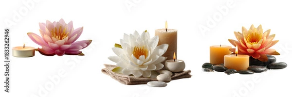 Obraz Set of A single lotus blossom paired with two small candles  on transparent png background. Ai generated