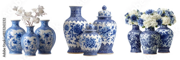 Obraz Set of Elegant blue and white porcelain vase with classic floral motifs on transparent png background. Ai generated