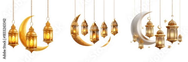 Obraz Set of Golden crescent moon paired with vintage brass three lantern glowing warmly on transparent png background. Ai generated