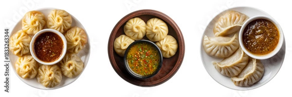 Obraz Set of Glossy Momos placed symmetrically on a white plate with colorful chutney on transparent png background. Ai generated