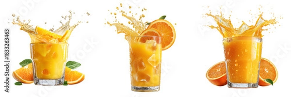 Obraz Set of Iced citrus drink with floating orange slices and sparkling droplets suspended in air on transparent png background. Ai generated