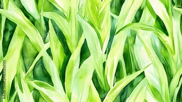 Fototapeta Seamless pattern displays vibrant overlapping tropical foliage rendered in a bright watercolor style