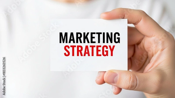 Fototapeta Person holding a card with marketing strategy written in black and red bold letters on a white card