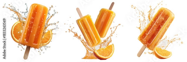 Obraz Set of Melting orange popsicle with droplets forming beside a perfectly cut orange slice on transparent png background. Ai generated