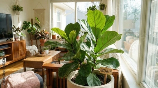 Fototapeta Sunlit living room filled with lush indoor plants and fiddle leaf fig in pot labeled growth symbolizing nurturing home life