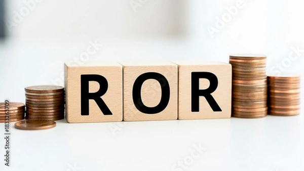 Fototapeta Wooden blocks spelling ror with coin stacks on a white surface representing financial concepts idea 100