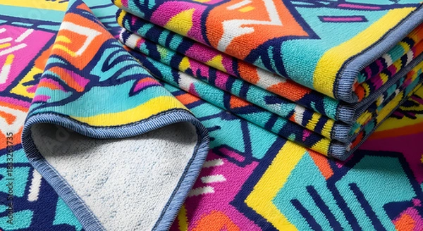 Obraz Colorful beach towels with geometric pattern stacked on top of each other