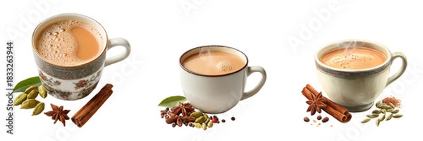 Obraz Set of Steaming masala milk tea in a glass cup with scattered spice ingredients such as cinnamon and cardamom on transparent png background. Ai generated