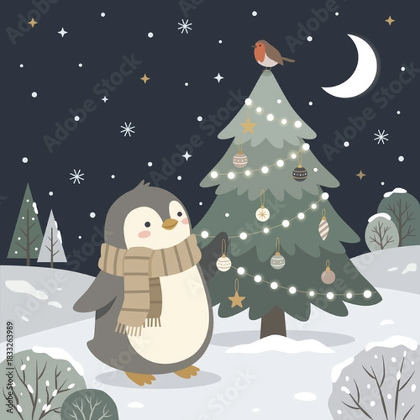 Obraz Cute penguin decorating Christmas Tree