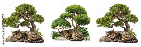 Obraz Set of Young cat curled up under a tree branch sunlight dappled on its fur on transparent png background. Ai generated