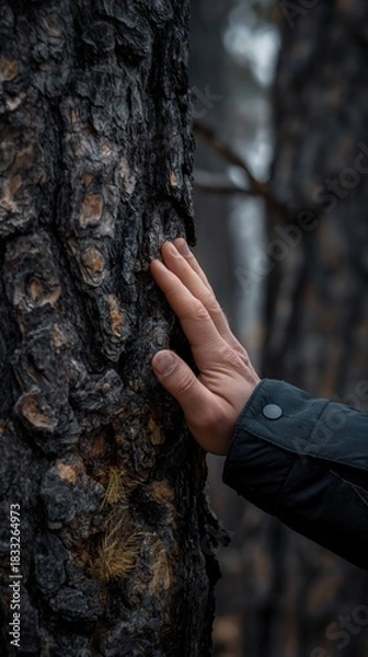 Fototapeta Hand gently touching rough tree bark in quiet forest symbolizing connection with nature grounding and mindfulness