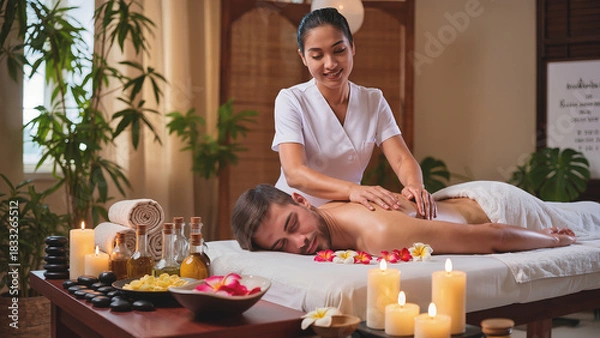 Obraz Atmospheric photos of massage therapy with candles, oils, flowers, towels, spa stones, etc.