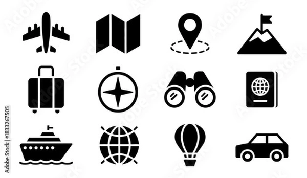 Obraz Set of travel and tourism icons. Simple vector silhouette  for vacation planning isolated