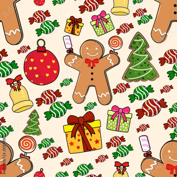 Fototapeta Happy gingerbread man and christmas tree seamless pattern. cheerful holiday design with gift, candy, and ornament for winter celebration background and decoration