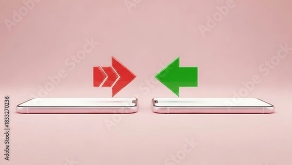 Fototapeta Two smartphones with opposing arrows symbolizing data transfer or communication