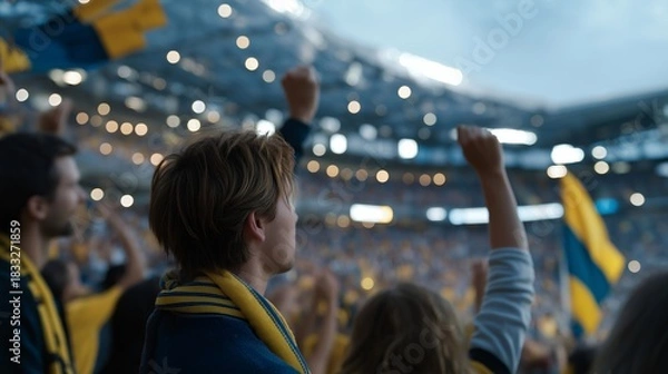 Obraz A vibrant fan zone packed with supporters wearing team colors, giant LED screens streaming the match as people wave scarves and flags under bright stadium lights — high-energy sports atmosphere,
