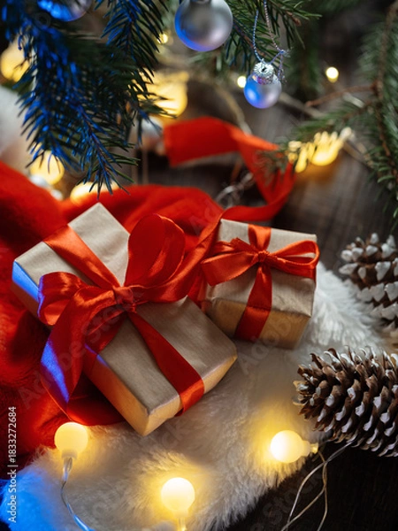 Fototapeta Gift boxes in craft paper with red ribbons under a Christmas tree branch on a wooden table. Cozy homely atmosphere