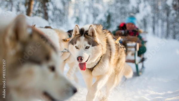Fototapeta Energetic husky sled team running through a snowy forest trail, with one lead dog in sharp focus and soft winter light highlighting the motion, flying snow and dynamic atmosphere