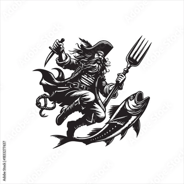 Obraz Dynamic pirate captain riding a fish with a giant fork, a fun seafood mascot logo, vector, illustrations design concept 89.eps