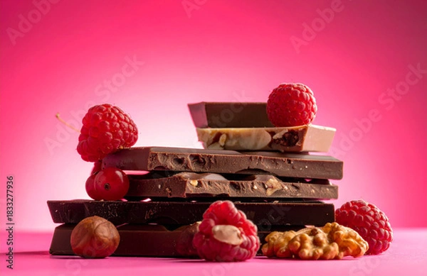 Obraz chocolat et fruits rouges, noix et noisettes