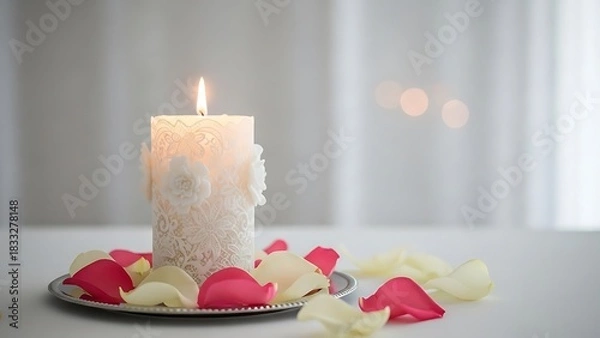 Fototapeta Lit candle on silver plate with scattered rose petals against blurred backdrop