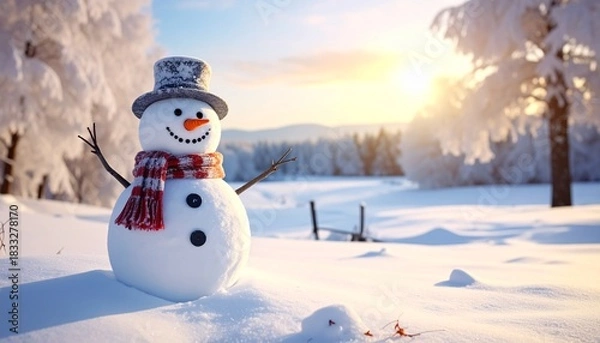 Fototapeta A smiling snowman with top hat and plaid scarf standing in snowy landscape at sunrise with glowing light.
