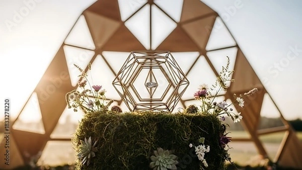 Fototapeta Engagement ring displayed in geometric holder with floral moss base and dome