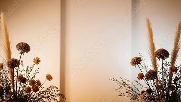 Obraz Arrangement of dried flowers and pampas grass against a neutral wall backdrop