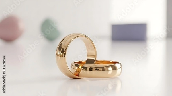 Obraz Two gold wedding rings intertwined on a white surface with blurred shapes behind