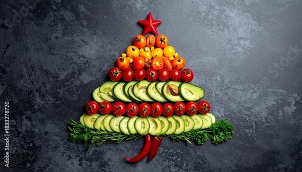 Fototapeta A Christmas tree made of colorful fruits and vegetables on dark textured background with festive lighting.