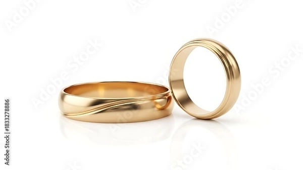 Obraz Two golden wedding bands resting on a white surface in a studio setting
