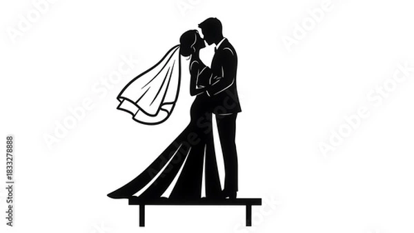 Obraz Silhouette of a bride and groom embracing on a platform for cake topper use