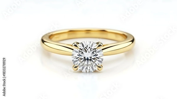 Obraz Close up of a gold ring with a large round diamond on a white background view