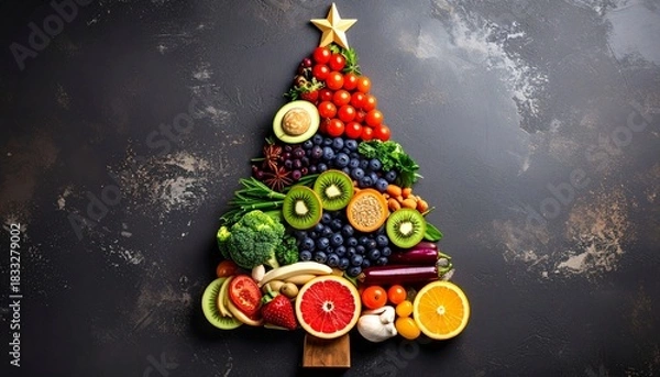 Fototapeta A Christmas tree made of colorful fruits and vegetables on dark textured background with festive lighting.