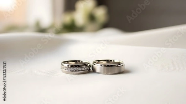Fototapeta Close up of two wedding rings on a white surface with blurred background view