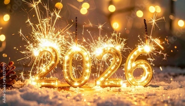Fototapeta Golden sparkling “2026” numbers glowing like sparklers against a dark festive background with bokeh lights.